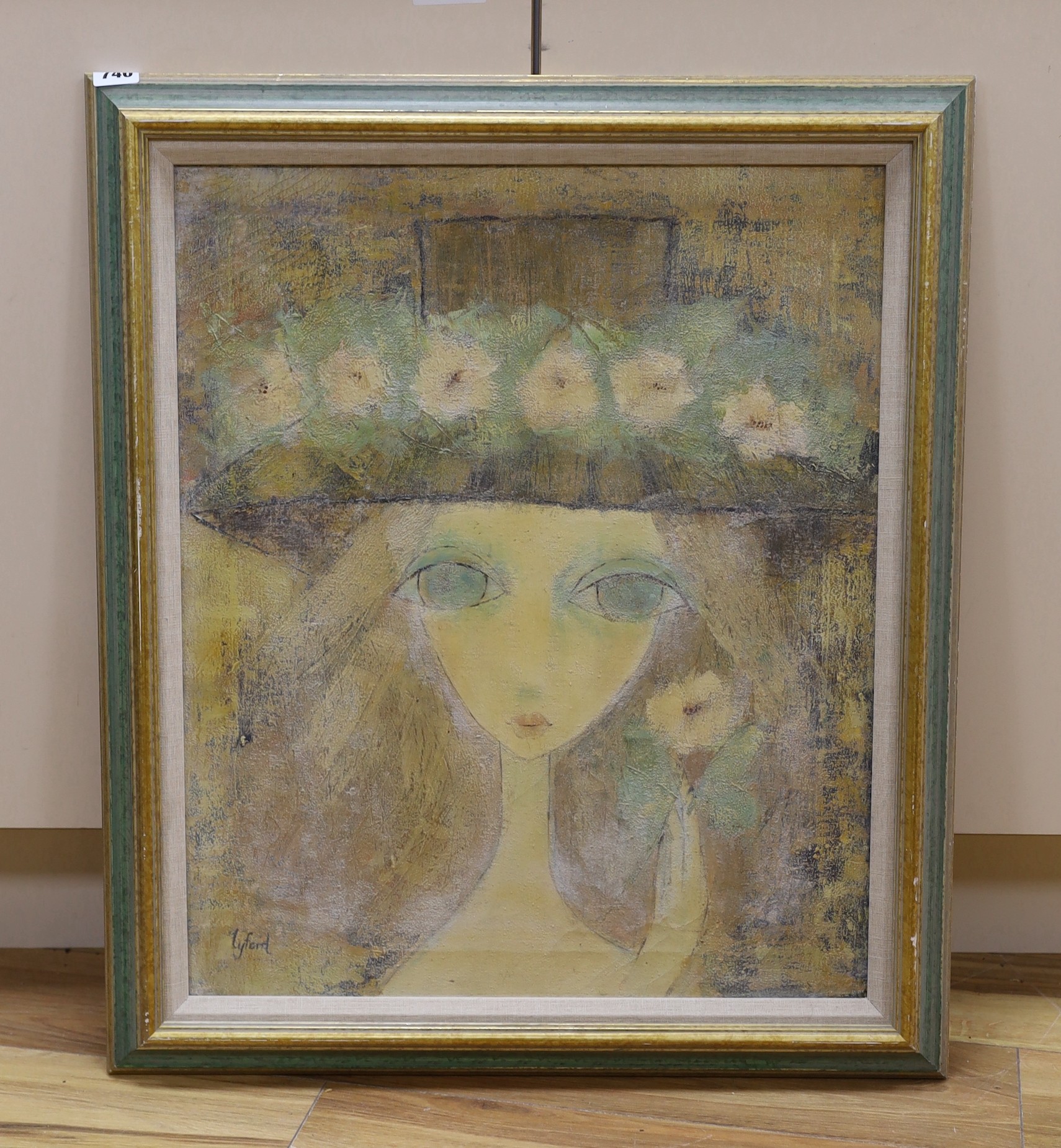 After Philip Lyford (1887-1950), oil on canvas, Portrait of a girl wearing a wide brimmed bonnet, signed, 60 x 50cm